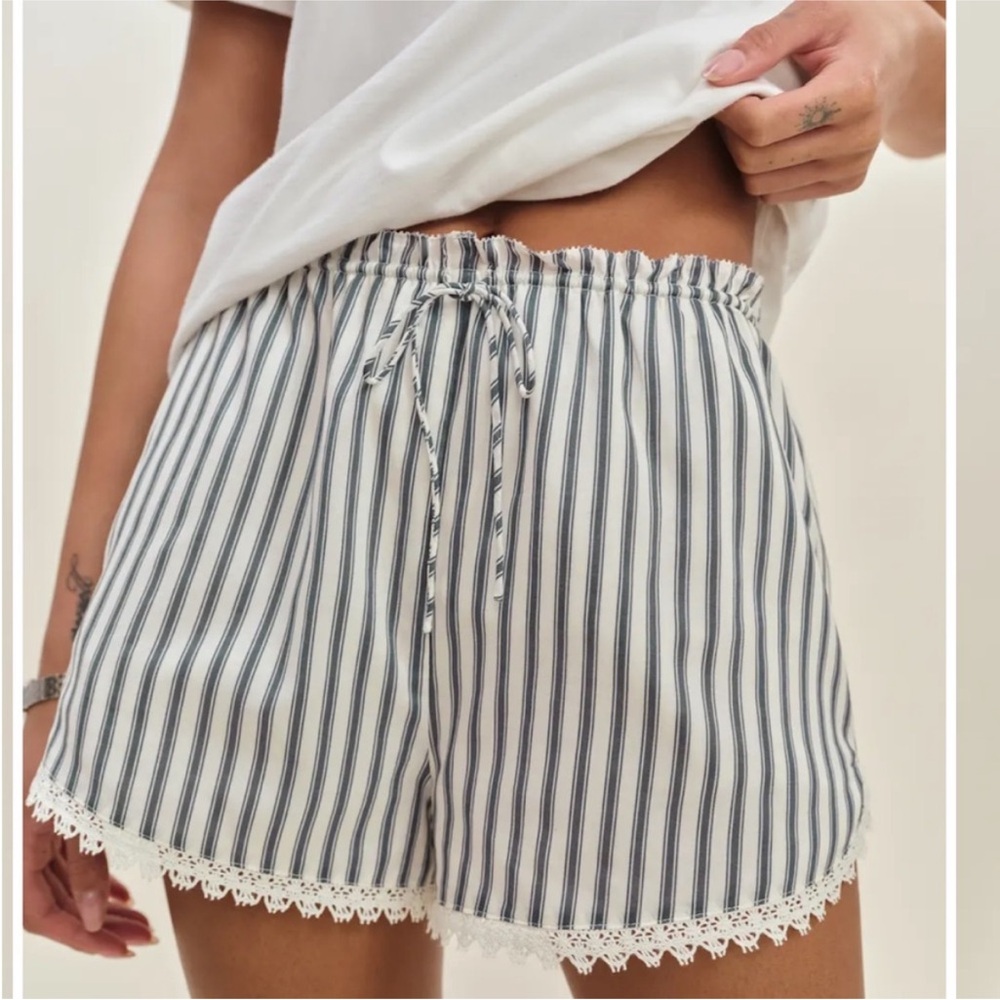 Reformation Toria Short Antibes Stripe Lace Trim Drawstring